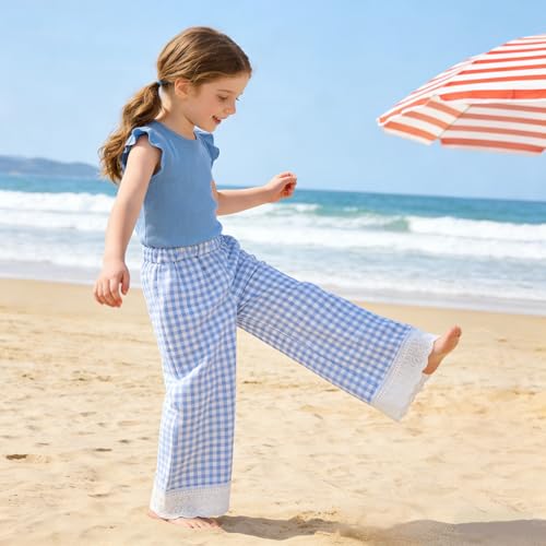 Image of Miipat Toddler Girls Wide Leg Pants Elastic Waist 2 Pack Gingham Pants Girls Loose Checkered Plaid Lace Bottoms