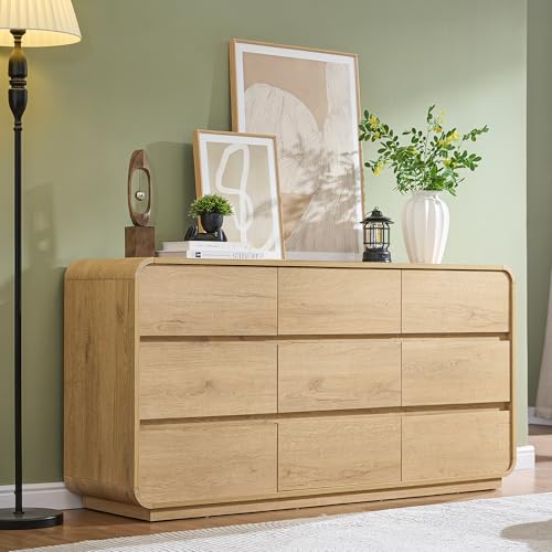 Standifurno Natural Dresser for Bedroom with 9 Drawers, 57" Wide