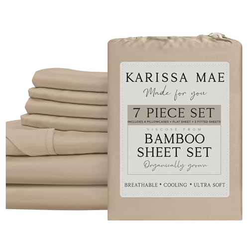 Image of KARISSA MAE 7 Piece Luxury Bamboo Viscose Split King Sheets, FSC Certified | Includes 2 Twin XL Fitted Sheets | Sleep Number & Adjustable Bed | Cooling | 18 inch Deep Pocket |4 Pillowcases [Wheat]