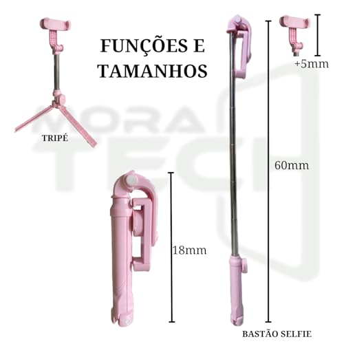 Bastão Tripé Pau De Selfie Com Led Bluetooth Retrátil Para Celular Com Controle Remoto (Rosa, 46x36x