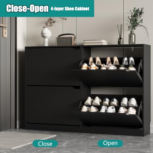 Image of Xixini Shoe Storage Cabinet for Entryway with 4 Flip Drawers, Sturdy Wood Hidden Shoe Storage, Freestanding Narrow Slim Shoe Organizer for Front Door Entrance, Living Room, Hallway, Bedroom, Black