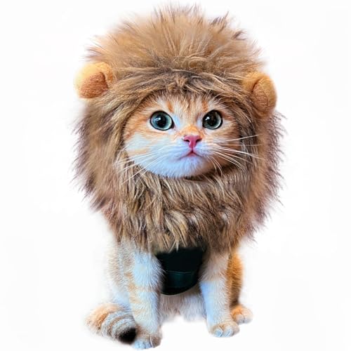 Lion Mane Wig for Cat Costume Pet Adjustable Washable Comfortable Fancy Lion Hair Cat Clothes Dress for Halloween Christmas Easter Festival Party Activity (Brown)