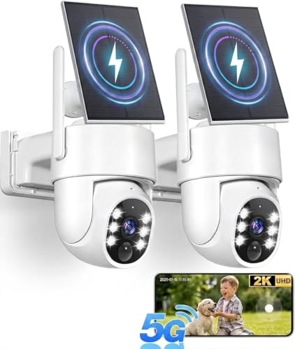 Gianteye 5G Solar Security Cameras Wireless Outdoor, 2K Cameras for Home Security Outdoor, Security Cameras Wireless Outdoor with Color Night Vision, 2-Way Talk, PTZ Human Detection, 2 Packs