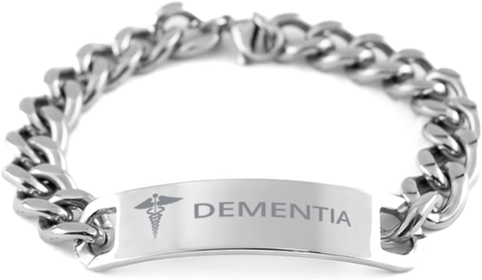 Medical Cuban Chain Stainless Steel Bracelet, Dementia Awareness, Medical Symbol, SOS Emergency Health Life Alert ID Engraved Stainless Steel Silver Jewelry Adjustable Bracelet For Men Women Teen