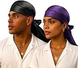 YFONG 2 Pack 100% 22 Momme Mulberry Silk Durags for Men Women, Extra Long Strap Silky Durag, Breathable and Soft Du Rag for 360 Waves, Pure Silk Durag for Hair Care and Stylish Outfits, Black+Purple