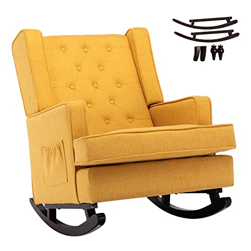Duomay 2 In 1 Upholstered Accent Rocking Chair, Tufted High Back Rocker Chair Arm Chair For Nursery Living Room Bedroom Office, Linen Armchair With Wood Base (Two Types Legs Included), Yellow #TOP18