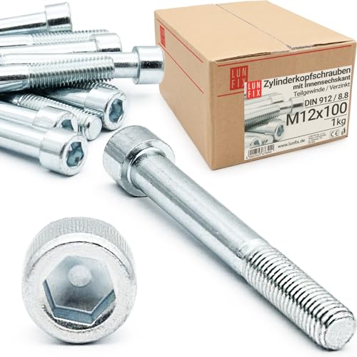 Lun Fix Viti a testa cilindrica con esagono incassato M 12 x 100 mm, filettatura parziale, classe di resistenza 8,8, 1 kg (10 pezzi) in acciaio zincato, filettatura metrica ISO DIN 912, filettatura