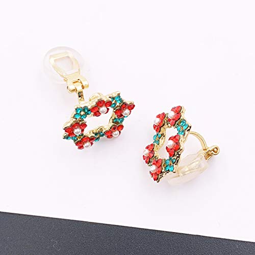 Selovo Wreath Christmas Clip On Earrings Stud Green Red Crystal Gold Tone #TOP1
