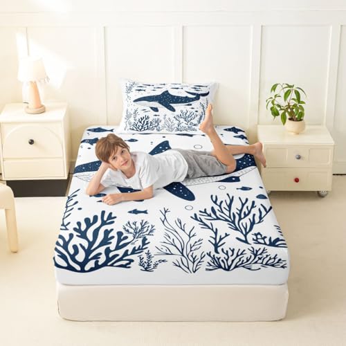 Image of jejeloiu Dolphin Bed Sheets Sets Queen Size Kids Boys Girls Sea World Bedding Set Summer Bed Sheet Set with 16-Inch Deep Pockets Tropical Ocean 4Pcs with 2 Pillow Cases