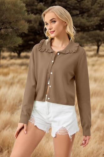 Image of Women Ruffle Collar Button Down Cropped Cardigan Long Sleeve Open Front Knit Sweaters Peplum Sweater Crop Jacket Tops