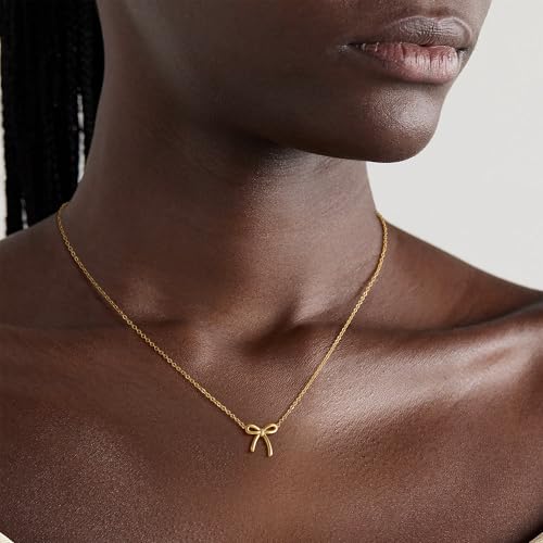 Gold Bow Necklace for Women, 14K Gold Plated Bowknot Pendant Choker Chain Necklace, Small Dainty Beaded Zircon Pearl Bow Necklaces Trendy Jewelry for Women3