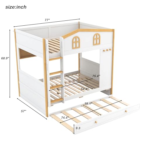 Image of Merax Full Over Full Size House Bunk Bed with Storage Shelves & Pull-Out Trundle, Solid Wood Space-Saving Loft Bed Frame with Safety Guardrails for Bedroom, White+Natural