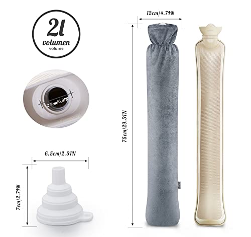 Ilauke Wärmeflasche Lang, wärmflasche groß mit 2 Super Weichen Bezügen aus Explosionsgeschütztem Naturkautschuk, 73 x 13cm Hohe Kapazität Schlauch-Wärmflasche für Schulter, Nackenwärmflasche