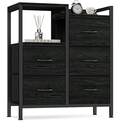 Furnulem Black Dresser for Bedroom, 5 Drawer Small Fabric Closet Dresser | Small Chest of Drawers, Storage Cabinet Organizer with 2 Tier Shelf, Drawer Units with Metal Frame, Dresser for Dorm, Hallway