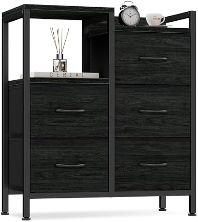 Furnulem Dresser for Bedroom with 5 Fabric Drawers,Small Chest Organizer Unit with 2-Tier Storage Shelf for Bedside,Closet,Entryway,Living Room,Nursery - Sturdy Frame & Wooden Top(Black Oak)