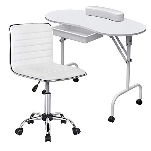 Yaheetech 37-inch Portable & Foldable Manicure Table Nail Desk Workstation for Spa Beauty Salon and Adjustable Low Back Armless Swivel Office Chair White