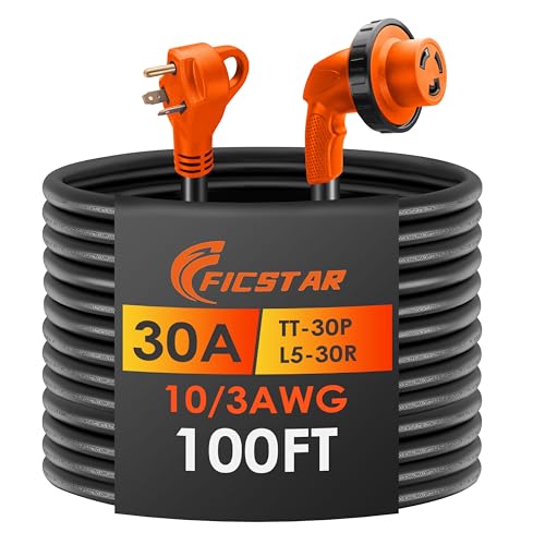 Ficstar 30 Amp RV Extension Cord 100 ft Heavy Duty Generator Extension Cord with LED Power Indicator 30 AMP Female 90 Twist Lock Adapter with Reverse Polarity Lamp NEMA TT-30P to L5-30R 120V/125V