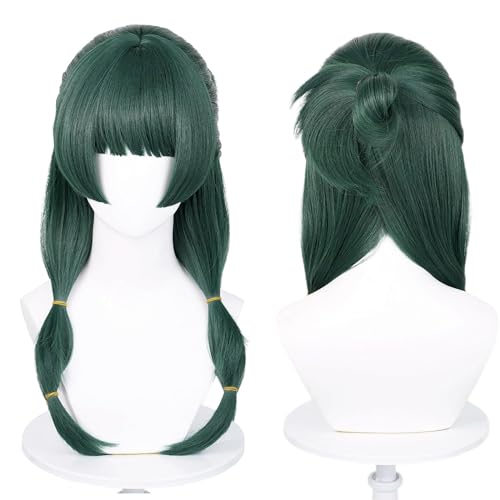PWEINCY Parrucca per cosplay – Parrucca lunga verde scuro con frangia – Donne gioco di ruolo, Halloween Party – Capelli sintetici – Taglia 50-60 cm