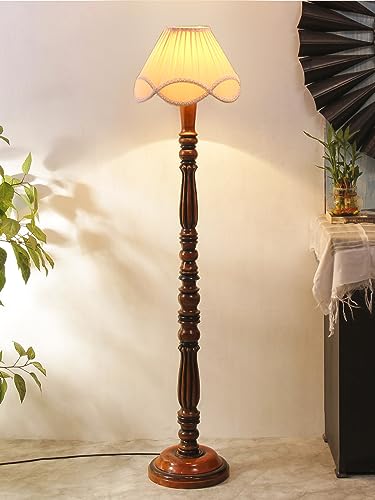 Image of Vintage Off-White Cotton Floor Lamp - 54 inch Height, Wooden Base - Classic Standing Lamp for Living Room, Home & Office Home Lighting Decor