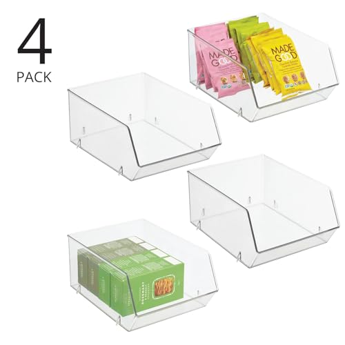mDesign Plastic Stacking Food Storage Bin for Kitchen Cabinet, Pantry, Shelf, Fridge/Freezer - Organizer for Fruit, Potatoes, Onions, Drinks, Snacks, Pasta - 11" Deep - 4 Pack - Clear - Image 5