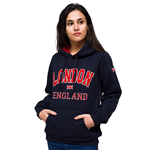 Sudadera con capucha para mujer, con impresión de la bandera Union Jack y «London», con capucha, recuerdos de Londres de gran calidad. Azul marino y rojo. M