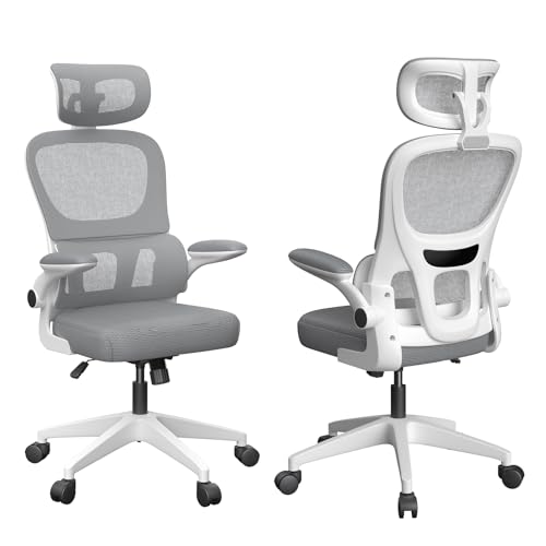 Chaise de Bureau Ergonomique: Fauteuil Bureau avec Support Lombaire en C,Dossier et Appui-tête Réglables,Reversible Armrest,Siege en Maille Respirante Convient à la Maison Bureau ,Lecture,Grise