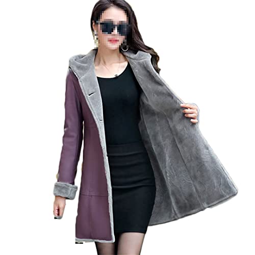 Women Oversized Leather Jacket Winter Warm Thick Long Sleeve Fleece Coats Hooded Trench Jackets Red #TOP1