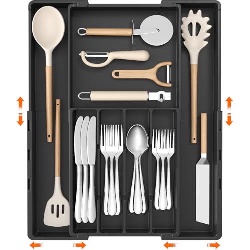 Lifewit Silverware Drawer Organizer, Expandable Utensil Tray for Kitchen, BPA Free Flatware and Cutlery Holder, Adjustable Plastic Storage for Spoons Forks Knives, 4-7 Slots, Black