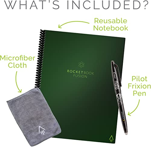 Rocketbook Fusion Smart Reusable Notebook - Calendar, To-Do Lists, And Note Template Pages With 1 Pilot Frixion Pen & 1 Microfiber Cloth Included - Terrestrial Green Cover, Letter Size (8.5" X 11") #TOP4
