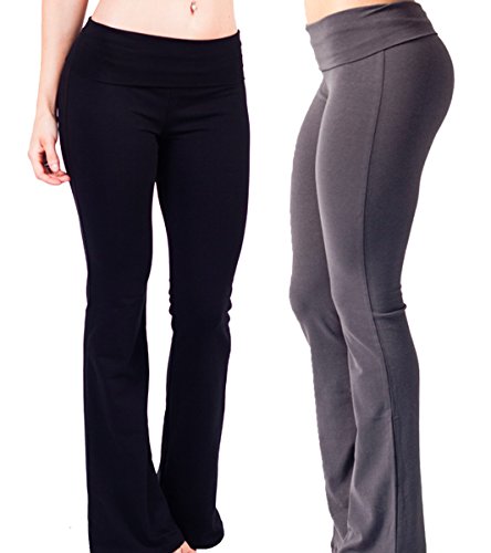Foldover Contrast Waist Bootleg Flare Yoga Pants (Large, 2 Pack: Black & Charcoal)