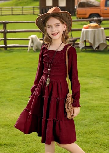 HOZIY Girls Long Sleeve Dress Ruched Smocked Tiered Ruffle A-Line Casual Boho Teen Dresses with Pocket Size 6-16 Years