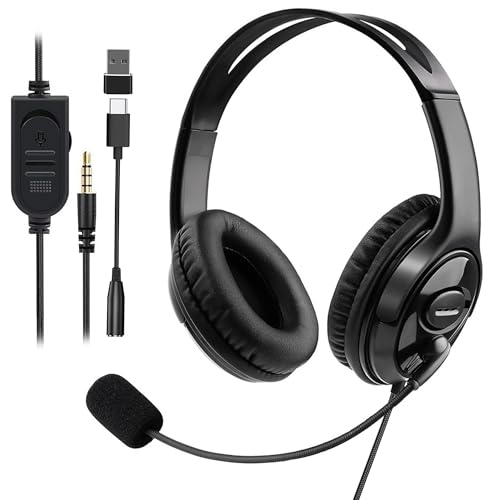 Image of Wired Gaming Headset with Mic for PS5 /PS4 /Xbox /Switch /PC /Laptop /Tablet /Phone, Over-Ear Headphones with USB-A /C & 3.5mm Jacks /360 Rotating Microphone /In-line Control for Home Office Business Work