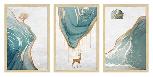Image of ArtX Paper Golden Deer Paintings with Frame for Home Decor Wall Art, Wall Painting for Living Room, Multicolor, Natural Wood Color Frames, 12.0x18.0 inch, Set of 3