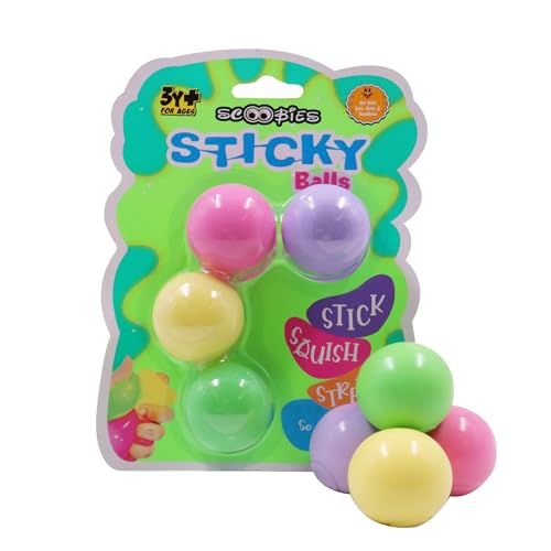 Image of Scoobies Sticky Balls | Pack of 4 Pastel Colours | Squishy Sensory Fidget for Kids | Wall-Sticking Play | Non-Toxic TPR Rubber | Stress & Anxiety Relief Toy