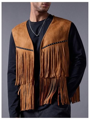 Men's Fringe Hem Sleeveless Vest 70s Hippie Faux Suede Tassel Open Front Jacket2