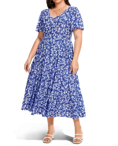 Women's Plus Size Maxi Dress Floral Summer Tiered Dresses V-Neck