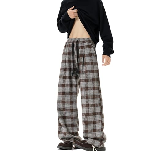 Seidarise Men's Plaid Wide - Leg Pants, Drawstring Waist, Loose Fit for Casual & Streetwear