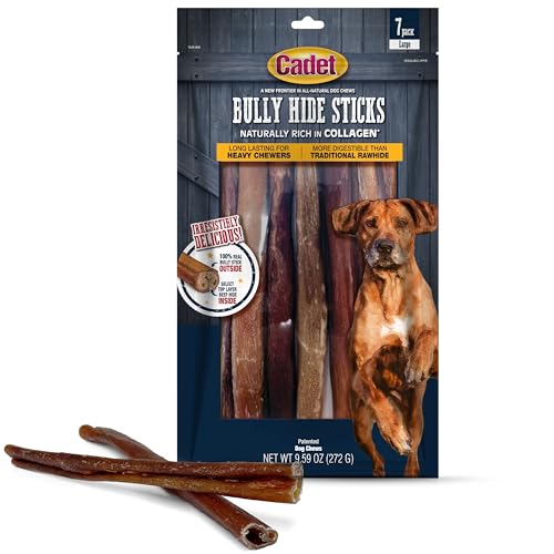 Cadet Bully Hide Sticks for Large Dogs All-Natural Beef Pizzle Limited-Ingredient Long-Lasting Dog Chews for Aggressive Chewers 7 Count
