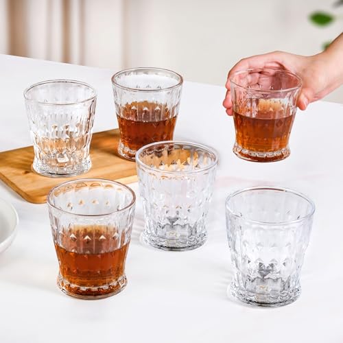 Image of Nestasia Transparent Set of 6 Small Juice Glasses (245 ml Each) - 100% Food Safe & Chip Resistant Diamond Patterned Tapering Tumblers - Ideal for Water, Tea, Coffee & Refreshments