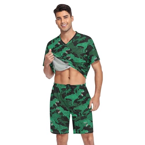 Men's Short Sleeve Pajama Set Dinosaur Green Summer Pjs Set 2 Piece Loungewear Sleepwear with Pockets3
