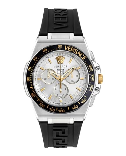 Versace Greca Extreme Chrono Collection Luxury Mens Watch Timepieces with a Black Strap featuring a Stainless Steel Case and a Silver Dial