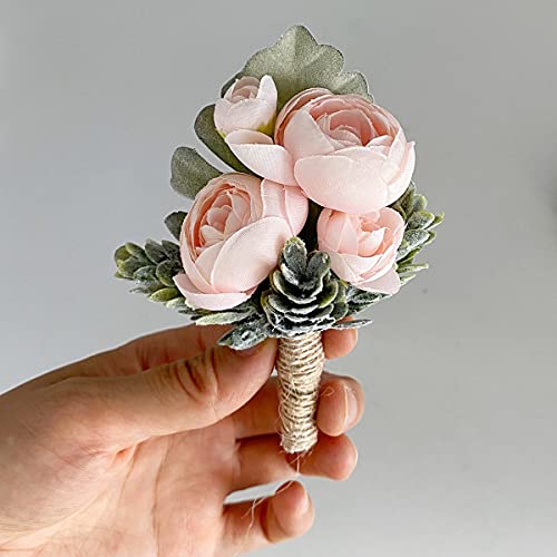 Yokoke Pink Groom Boutonniere With Pin, Artificial Succulent Plants Best Man Boutineers Buttonholes Corsage Bouquet Silk Flowers For Wedding Prom Man Suit Decor 4 Pcs #TOP4