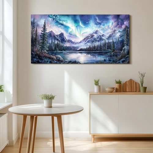 SERIMINO Landscape Large Wall Art for Living Room, Fantasy Aurora Scenic Canvas Prints, Mountain Forest Nightscape Aesthetic Wall Decor for Bedroom, Moon Stars Rustic Farmhouse Decor Pictures 30"X60"