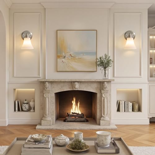 Image of LOUSACE 2 Pack 1-Light Brushed Nickel Bathroom Lighting Fixtures Vintage Bathroom Vanity Lights with Opal White Glass, Set of 2 Single Vanity Wall Sconces for Side Mirror Cabinet Stairs Living Room