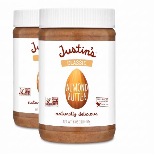 Justin's Classic Almond Butter, Only Two Ingredients, No Stir, Gluten-free, Non-GMO, Keto-friendly, Responsibly Sourced, 16 Ounce Jar, (Pack of 2)