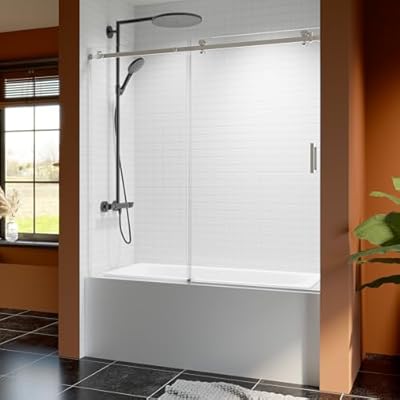 56-60 Inch Frameless Sliding Shower Door, 60" Height, 5/16" (8mm) Clear Tempered Glass Bathtub Door, Smooth Gliding Track & Anti-Jumping System, Stainless Steel & Aluminum Brushed Nickle Finish