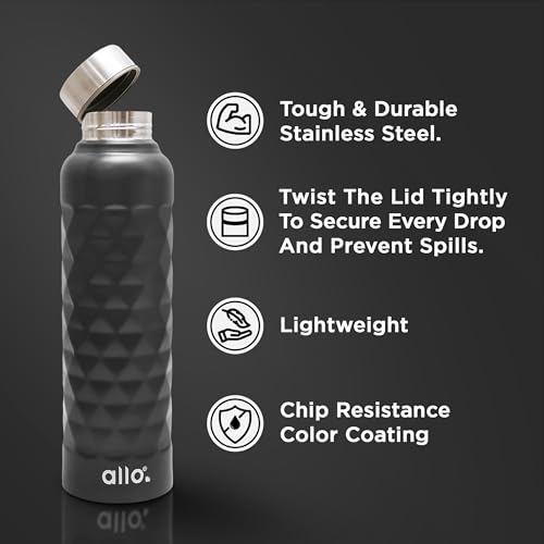 Image of Allo Stainless Steel Water Bottle For Adults, Kids 1 Litre Water Bottles For School, Office, Sports, Gym 1L Water Bottle For Men And Women, Pack Of 2 | Leak Proof & Bpa Free, Black Diamond Steel Cap