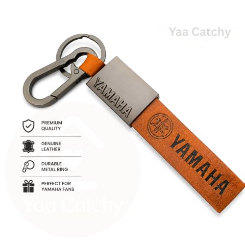 Image of Yaa Catchy Premium Leather Keychain Metal Hook Compatible with YAMAHA Durable Faux Leather Brown Strap with Heavy-Duty Alloy Clip Stylish Bike & Car Key Holder for Yamaha Lovers