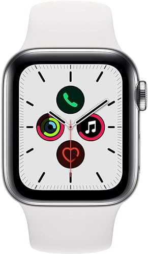 Image of Apple Watch Series 5 (GPS + Cellular, 44MM) - Silver Stainless Steel Case with White Sport Band (Renewed)