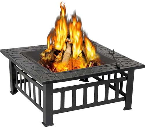 32 Inch Multifunctional Fire Pit Table Square Metal Fire Pit Stove Outdoor Warming Backyard Patio Garden Fireplace for Camping Barbecue Bonfire and Picnics, Black
